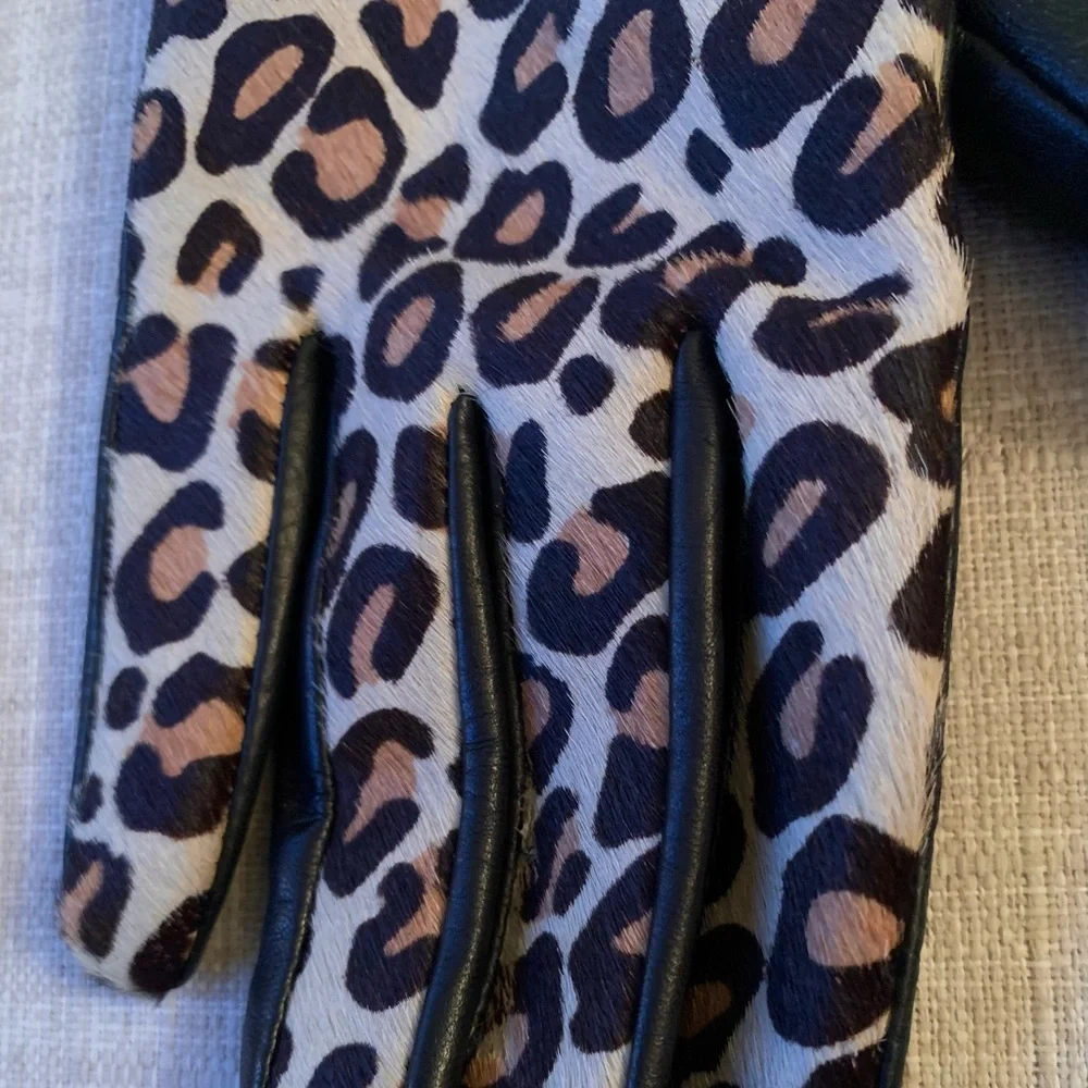 NEW FOWNES CALF SKIN LEATHER LEOPARD CASHMERE LINED GLOVES Xs-Sm